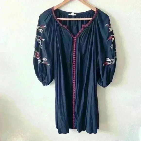 Solitaire S Womens Navy Blue Red Flower Embroidered Dress Boho Festival Prairie - Picture 1 of 7